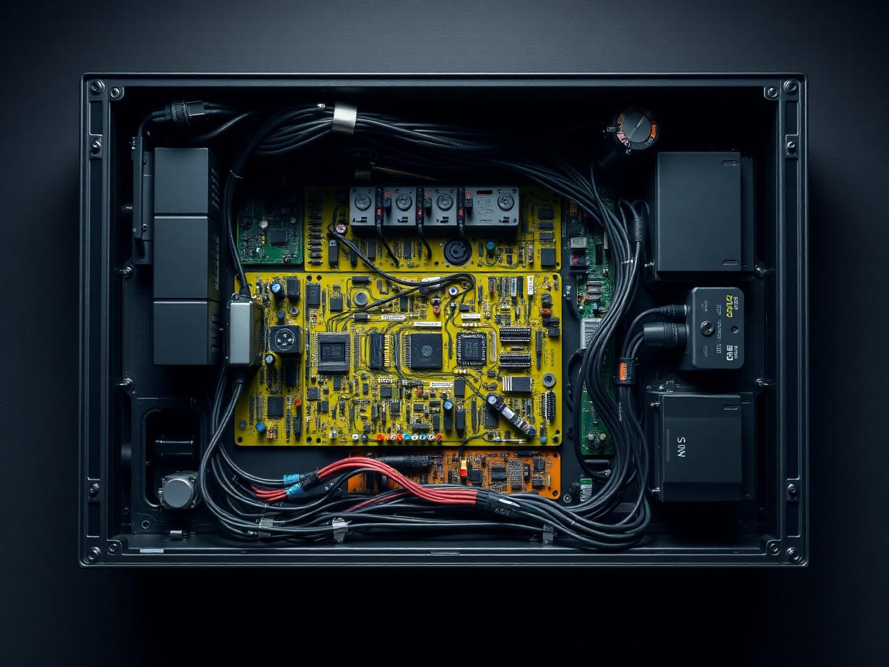 Top-down view of integrated PCBAs and harnesses inside a chassis