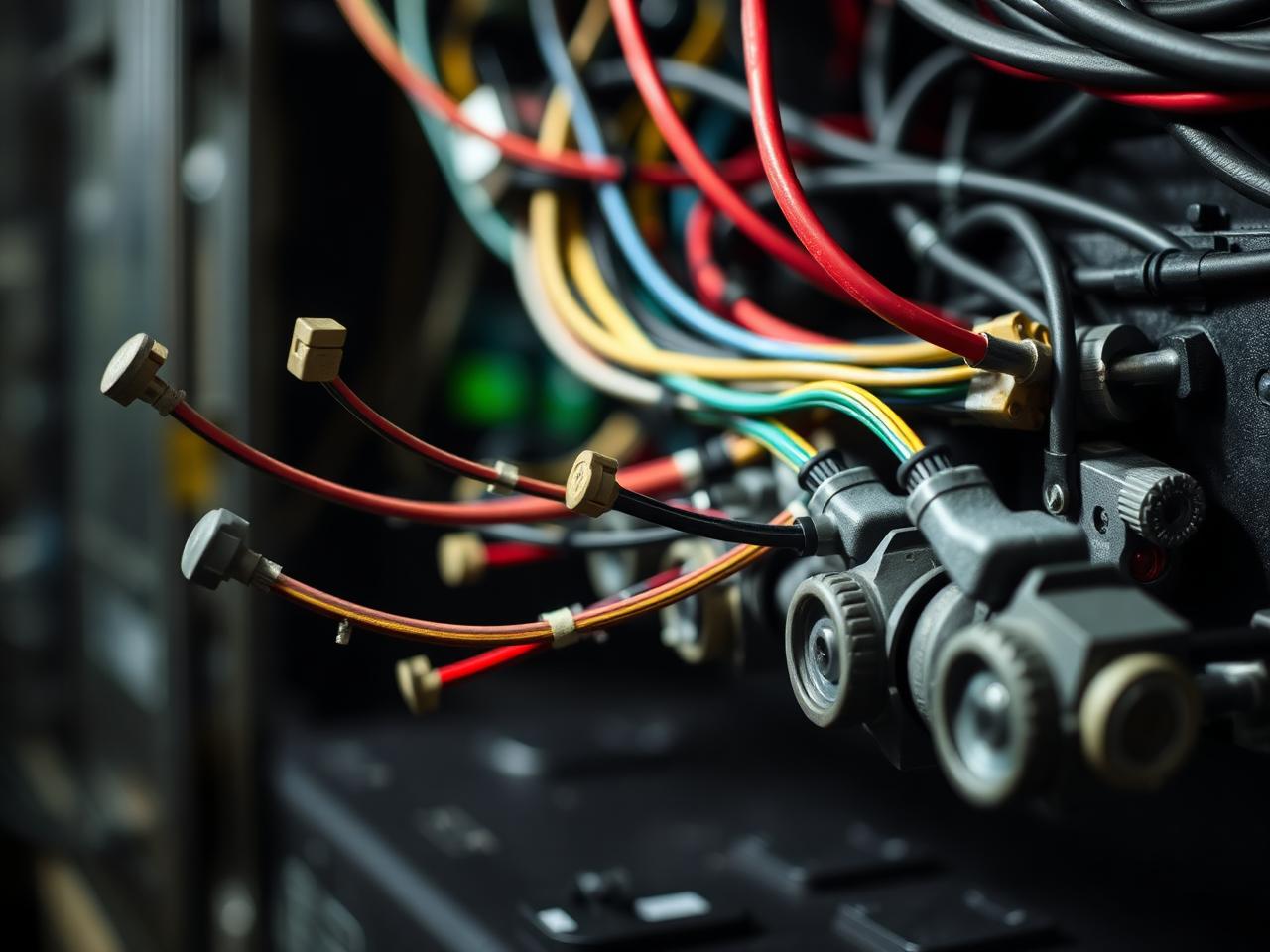 Close-up of mil-spec connectors and color-coded leads