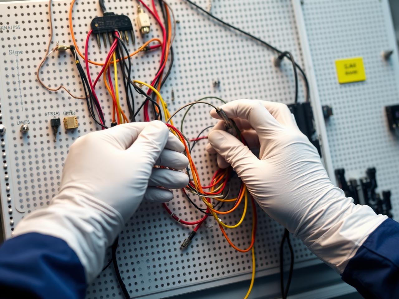 Technician routing wires on a pegboard form board